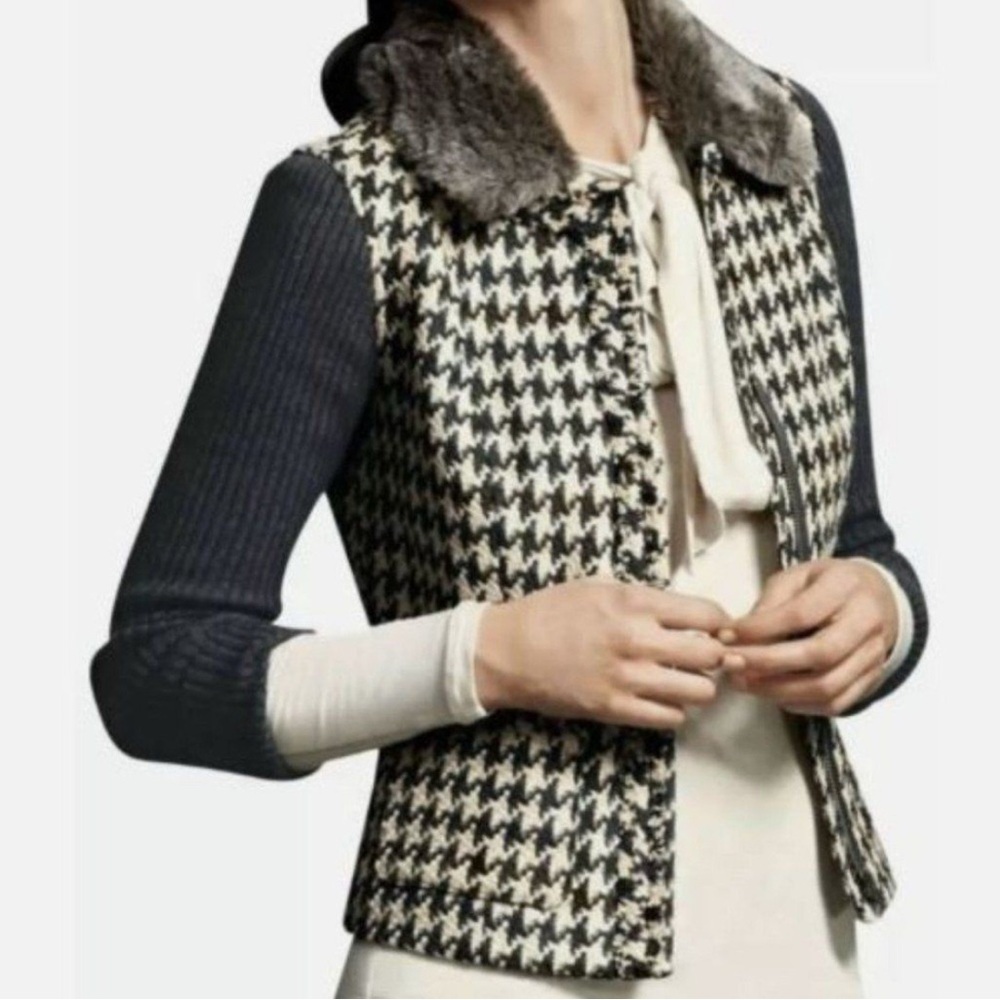 CAbi #978 Sweater Jacket Brown Gray Tan Cotton Wool Houndstooth Mixer Size 4